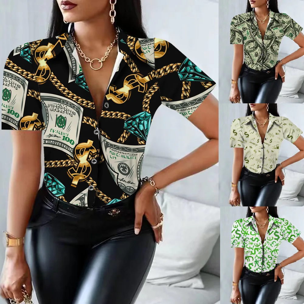 

2022 Summer New Women's Lapel Colorblock Print Short-sleeved Shirt Retro Style Shirt Blusas Mujer De Moda 2022 Verano