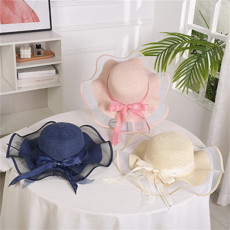 

Female Summer Elegant Simple Mesh Straw Hat Elegant Big Eaves Hat Foldable Sun Hat Seaside Bow Beach Hat