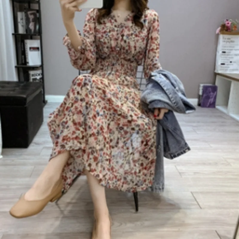

Fashion Goddess Style Ouje Floral Dress Summer Women French Retro Super Fairy Mori Style Waist Slim Dress Women