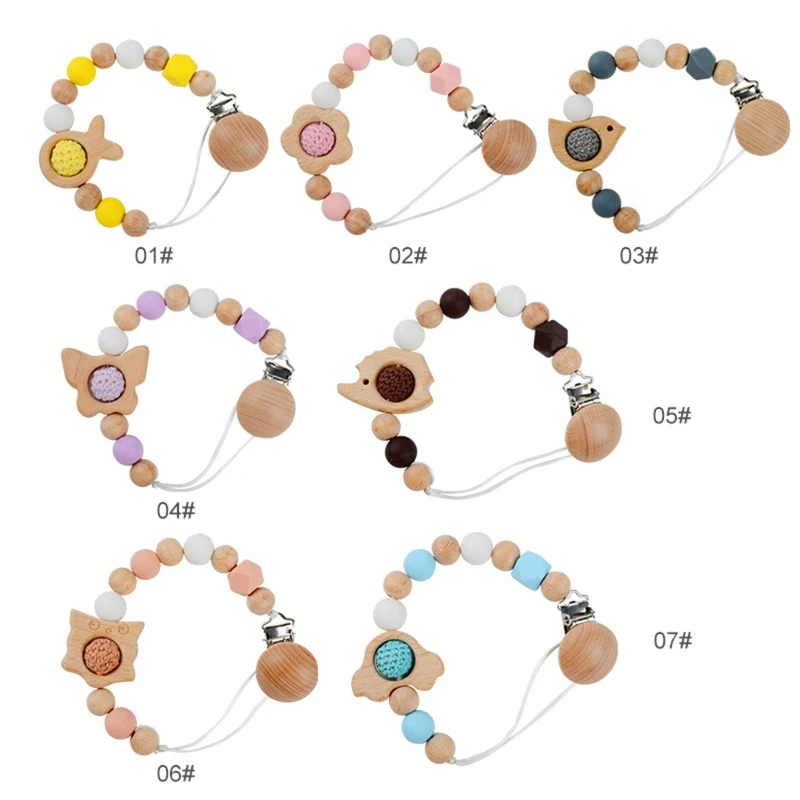 

Cartoon Pacifier Clip for Girl Boys Wooden Silicone Beads with Clip Chain Teething Toy Baby Newborn Shower Gift