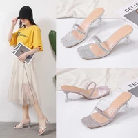 2022 new fashion ladies summer casual square toe sequin stiletto slippers transparent sandals ladies large size slippers