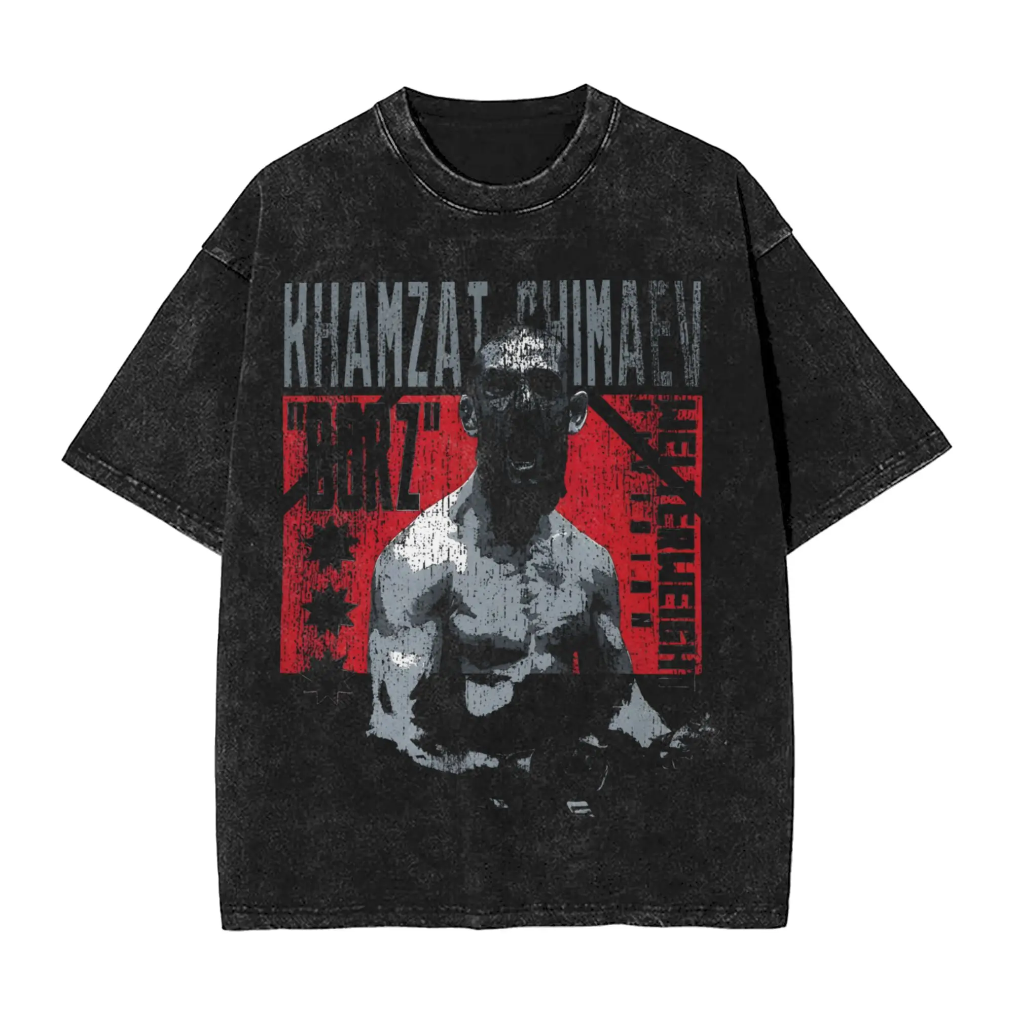 Фото Рубашка Harajuku Washed Shirt Khamzat Chimaev Borz The Wolf, крутые футболки оверсайз, уличная одежда, футболки с короткими рукавами и принтом №2