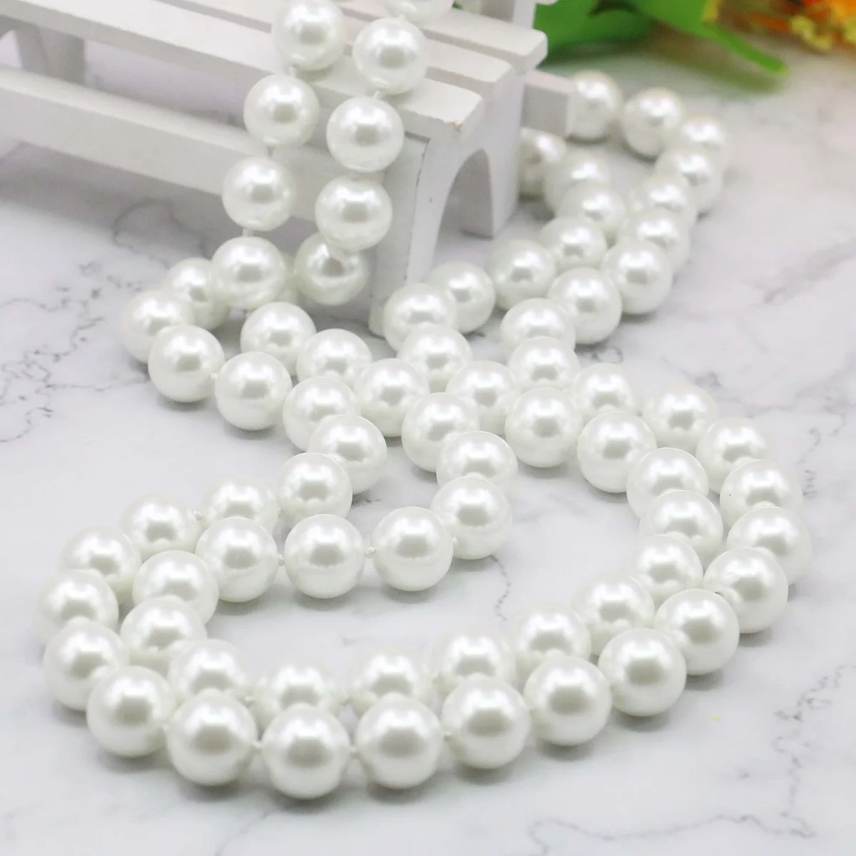 12mm Long Chain White Sea Shell Pearl Beads Necklace Jewelry for Women Hand Made Making Design Stone Rope 48inch Gifts for Girls