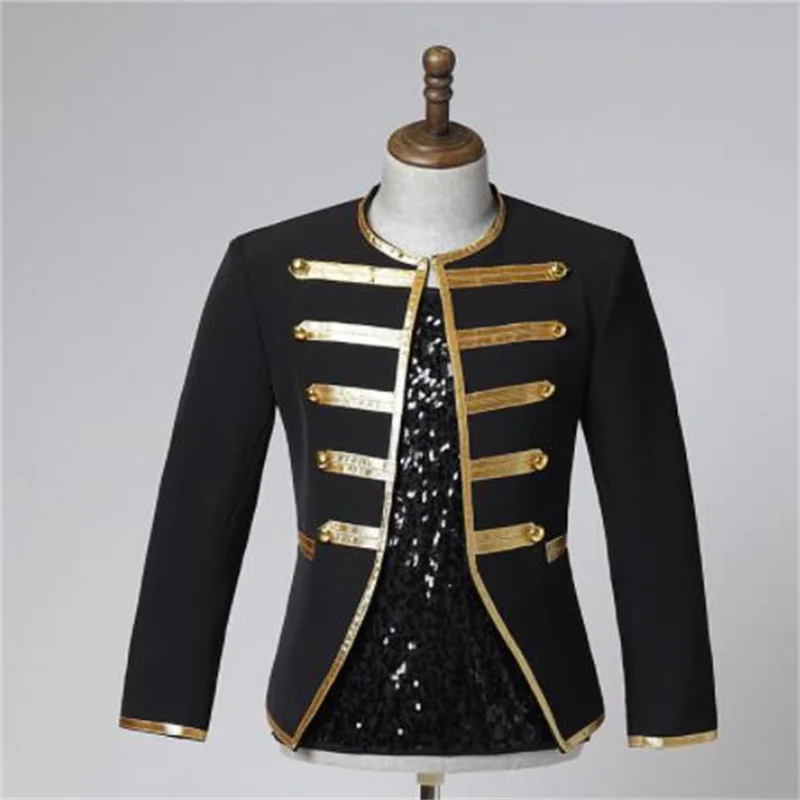 

Suits mens blazers male gold edging costumes banquet gentleman groom host stage chorus jacket black round collar komplety z mary