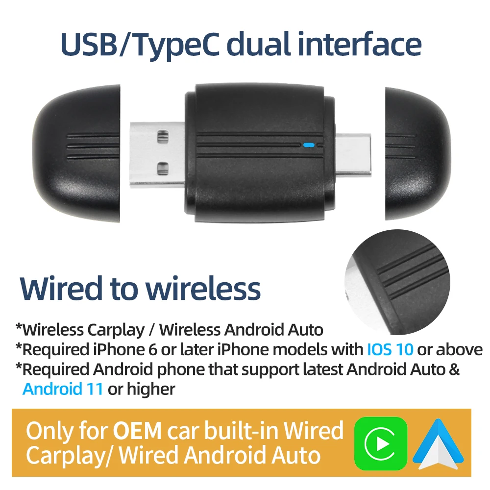 

Беспроводной Ключ CarPlay 2-в-1 С USB-разъемом Type-C Для Android Auto, Audi, Toyota, VW