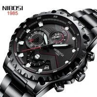 nibosi fashion mens watches top luxury brand black stainless steel waterproof quartz watch men army military chronograph watch