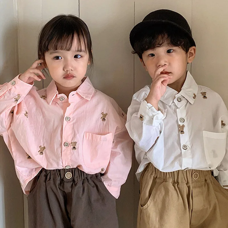 

Children's Long Sleeve Blouse Girl Pink White Shirt For Boy Cotton Tops 2022 Autumn Spring Kids Clothes Korea Baby School Shirts