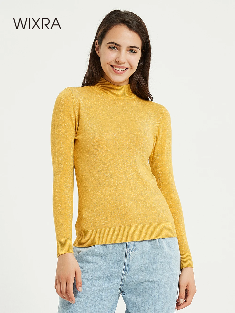 Женский однотонный Блестящий свитер Wixra вязаный с высоким воротником и длинными