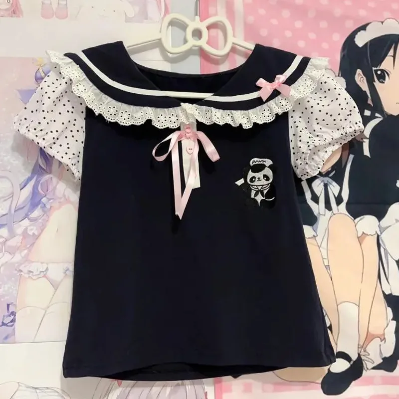 

Kawaii Cartoon Embroidery Y2k Lace T-shirts Women Graphic Harajuku Japan Fashion Casual Puff Sleeve Bow Sets Cute Camisetas Tops