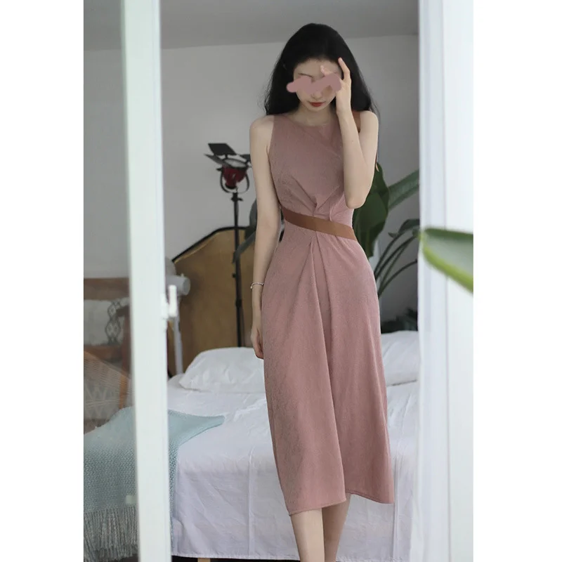

Round Neck Pink Temperament Commuting Asymmetric High-Quality Strapping Solid Color Waist Dress Mid-Length A-line Skirt