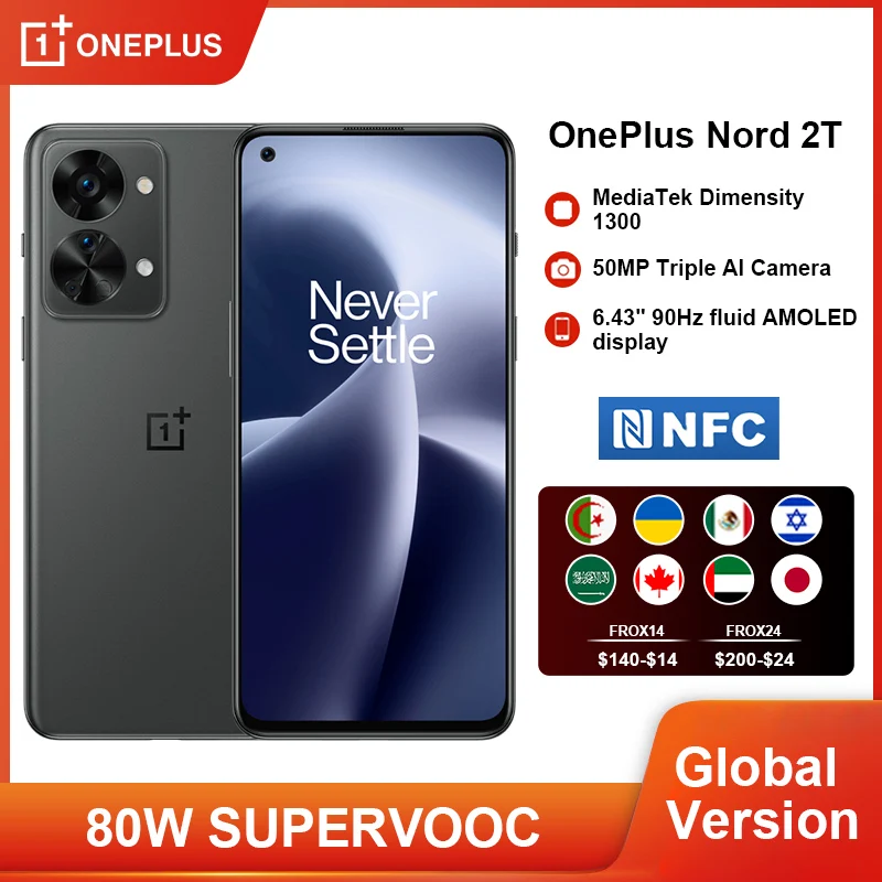 OnePlus Nord 2T 5G Mobile Phone MTK Dimensity 1300 Cellphone 80W SUPERVOOC 90Hz AMOLED Android NFC  Smartphone