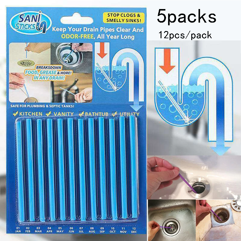

5packs Kitchen Sink Sewer Cleaning Agent Remove Oil Pollution Washbasin Toilet Bathtub Pipe Cleaning Stick Household Cleaning