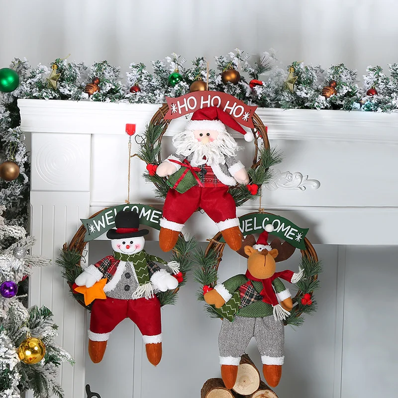

Christmas Door Hanging Ornaments Xmas Tree Hanging Santa Claus Snowman Elk Rattan Ring Pendant Christmas Wreath