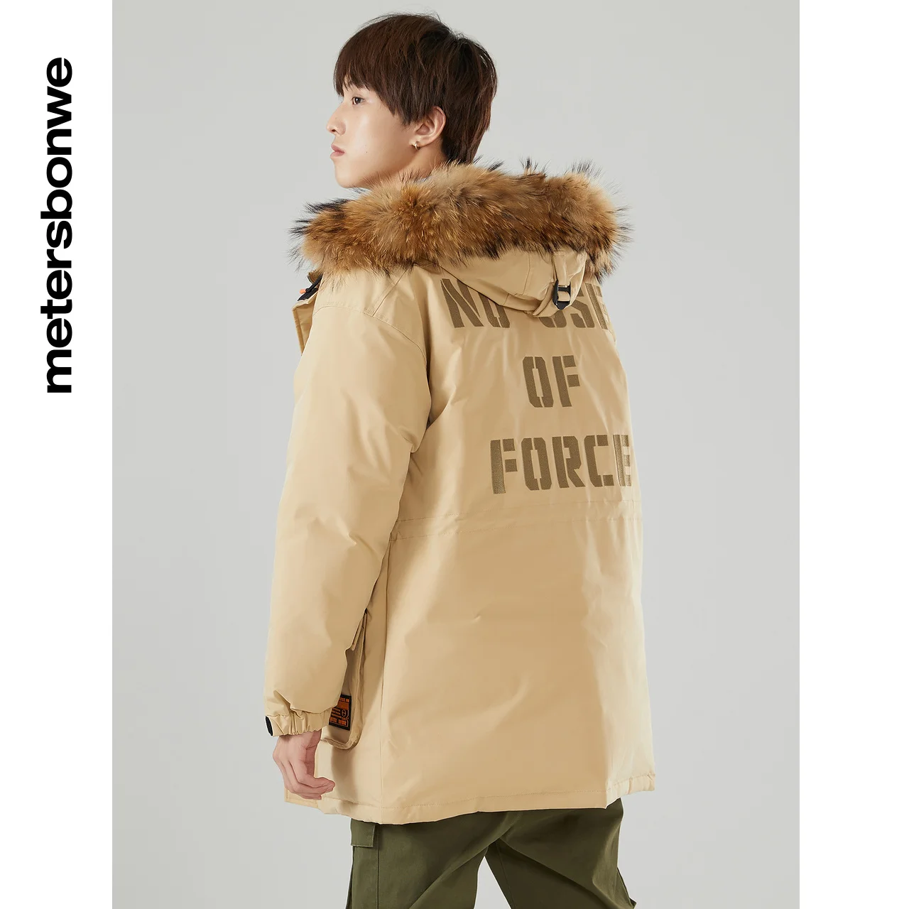 Metersbonwe Men's Winter Cargo Down Jacket Warm 80% Gray Hooded Duck Down Raccoon Hair Man Hat Brim Down Coat
