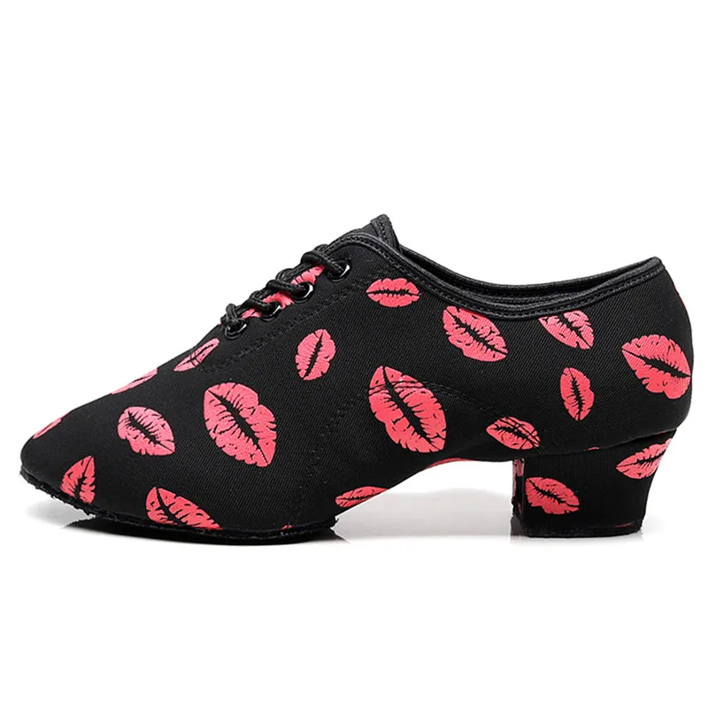 SUN LISA Women's Lady's Girl's Red Lips Indoor Oxford Leather Sole Chunky Heel Sneaker Ballroom Modern Salsa Latin Dance Shoes