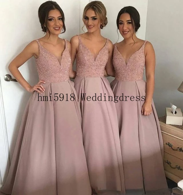 

Elegant V-Neck Bridesmaid Dresses 2022 Sleeveless Sequins Beaded Wedding Guest Dresses With Pockets Country Style Vestidos