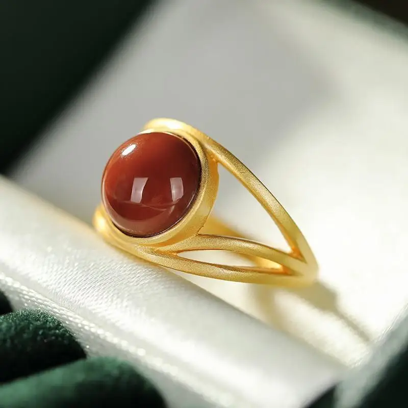 

S925 Sterling Silver Geometric Gilding Southern Red Agate Ring Female Simple and Stylish Personality Sterling Silver Exquisite E