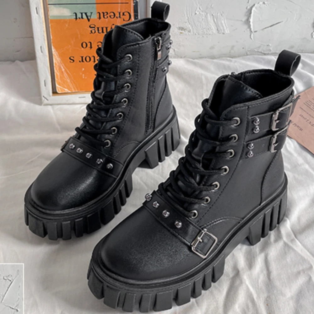 

2023 Women Ankle Boots Autumn Winter Buckle Lace Up Short Boots Ladies New Fashion Platform Shoes Female Chunky High Heel Boots