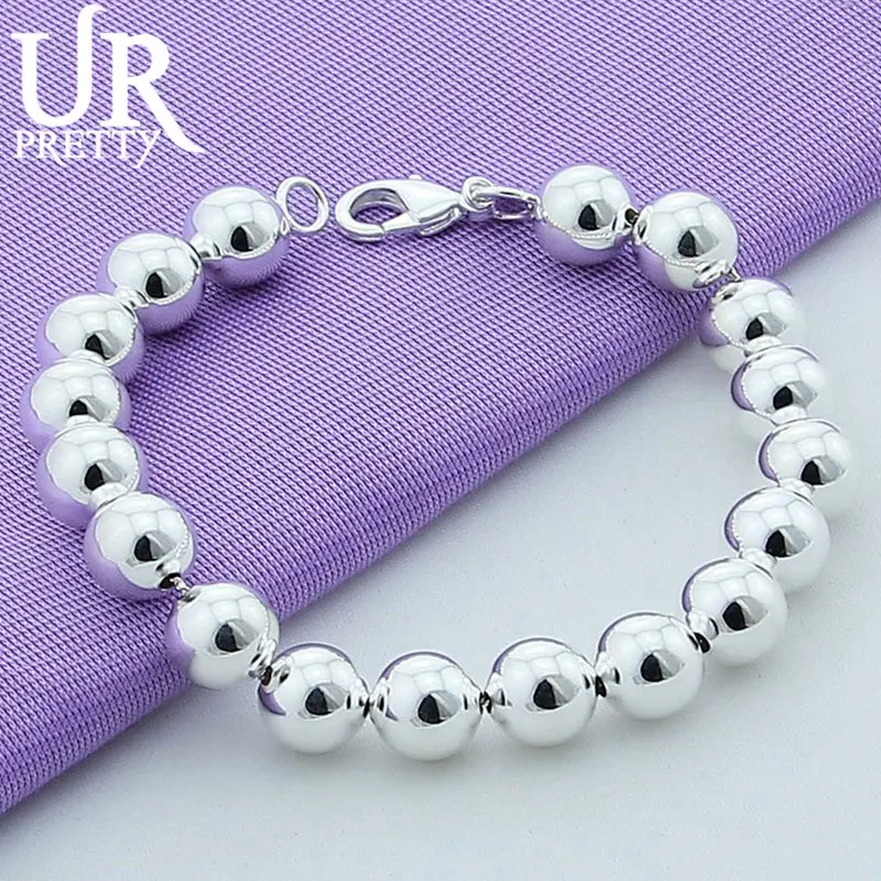

URPRETTY 925 Sterling Silve 10mm Smooth Bead Ball Chain Bracelet For Women Wedding Engagement Charm Jewelry
