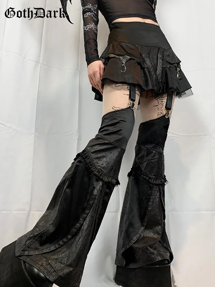 Goth Dark Mall Gothic Patchwork Women Flare Pants Skirts Grunge Punk Faux Pu Black Fashion Trousers Emo Alt Streetwear 2pc Sets