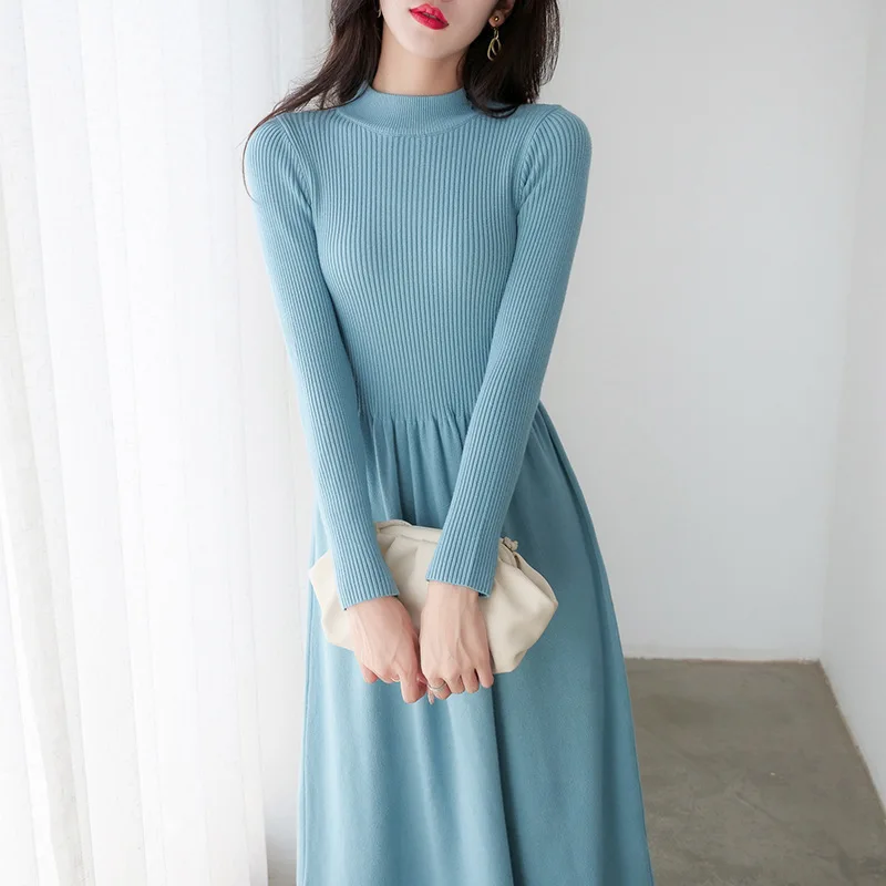 

Ribbed Knit Dress Women's Autumn O Neck Long Sleeves Tight Elegance Temperament Solid A-line Pleated Midi Dresses