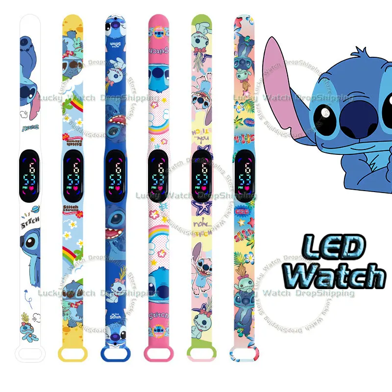 

Цифровые Детские часы Disney Stitch, Мультяшные фигурки аниме, светодиодные сенсорные водонепроницаемые электронные спортивные часы для детей, подарок на день рождения