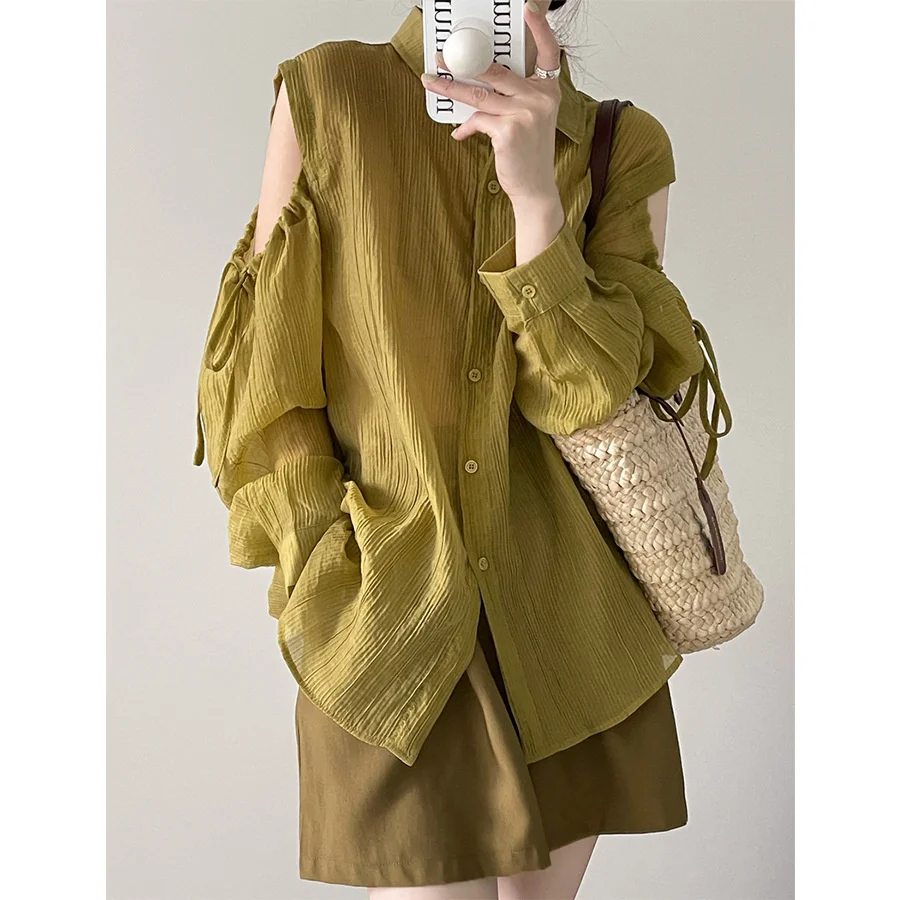 

Solid Pit Ribben Off Shoulder Long Sleeve Transparent Shirts Blue Beige Green Summer Women Blouse Tops