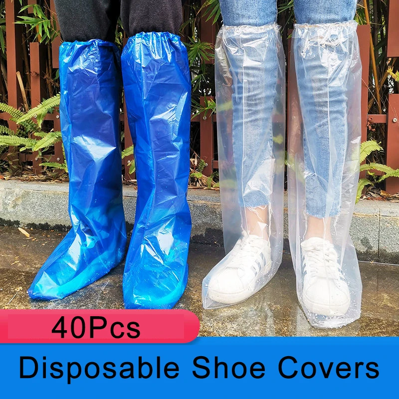 

40PCS Disposable Shoe Covers Blue Rain Shoes and Boots Cover Plastic Long Shoe Cover Clear Waterproof Anti-Slip Overshoe