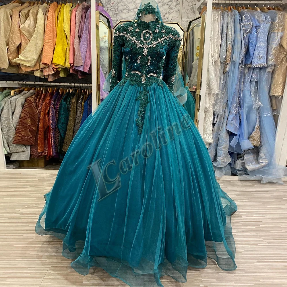 

Caroline Glamorous Long Sleeves Tulle Evening Dresses Long Luxury Celebrity Appliques A-Line Beads Customised Vestido De Fiesta