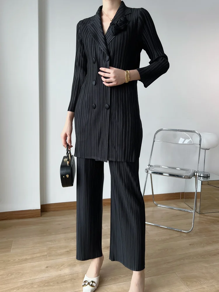 Elegant Pleated Two Pieces Set For Women Double Breasted Long Sleeve Coat And Wide Leg Loose Trousers Clothing 2023 Spring 1A552 enlarge