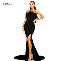 oimg black mermaid feather long evening dresses slit strapless fashion women prom formal dress stretch party event occasion gown