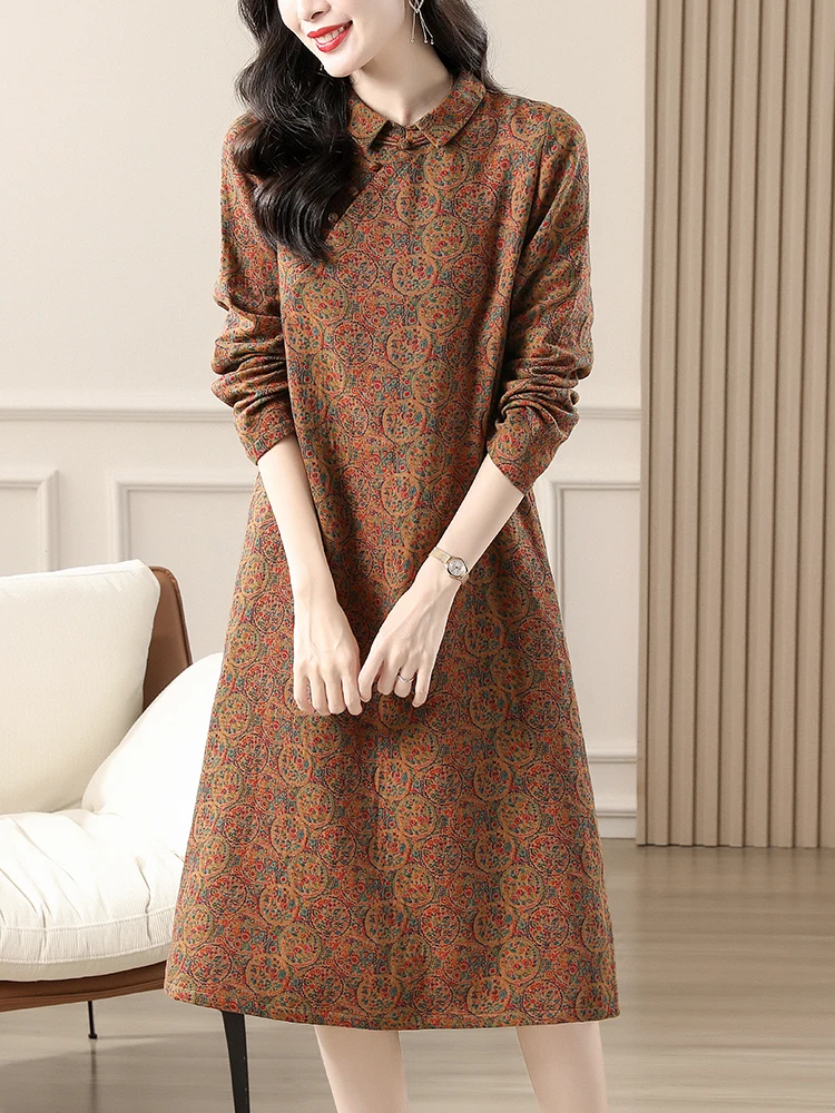 Middle-Aged Mom Temperament Dress Women 2024 Fashion New Autumn clothes Small Lapel Print Retro Sense Midi dress