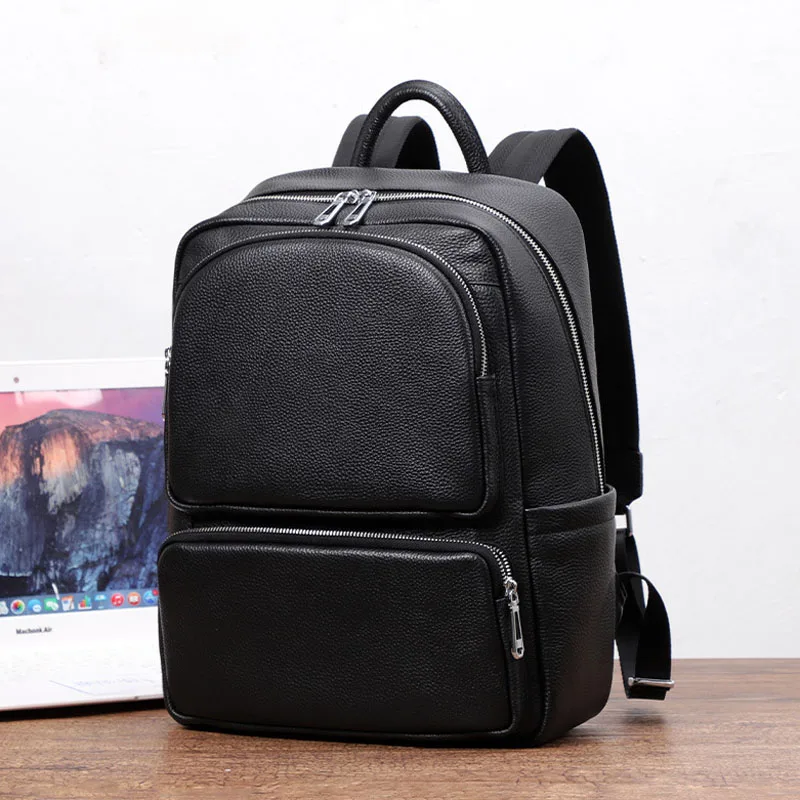 

EUMOAN Leather backpack men's business backpack lychee print head layer cowhide computer backpack travel bag