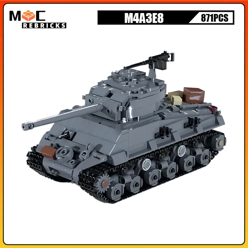 Фото Средний танк Allied WW2 M4A3E8, военная основная боевая бронеавтомобиль, MOC, строительные блоки, сборка, модель оружия, сделай сам, кирпичи, игрушка для мальчика №1