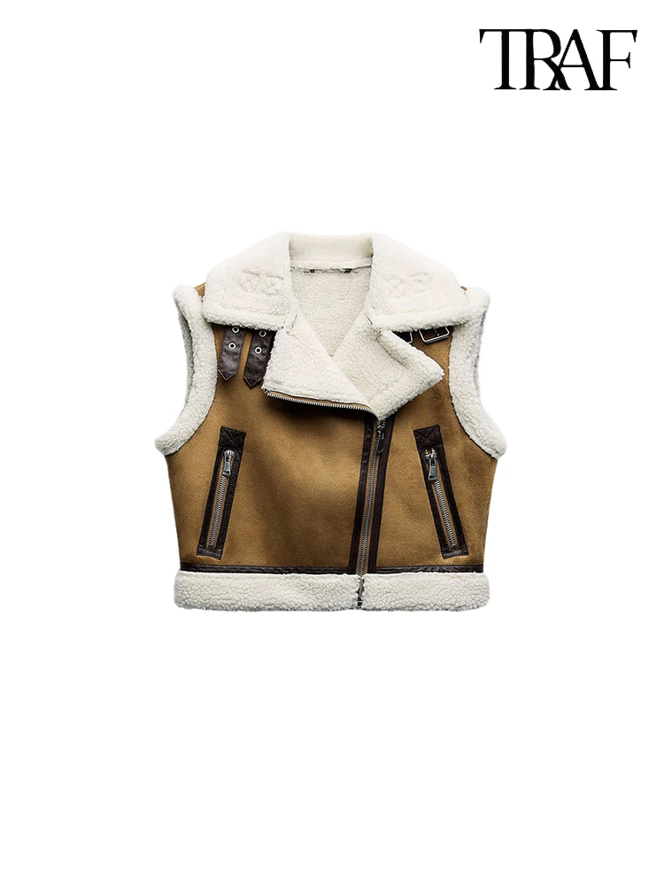 TRAF Женский Элегантный Утолщенный Теплый Жилет Короткая Байкерская Куртка На