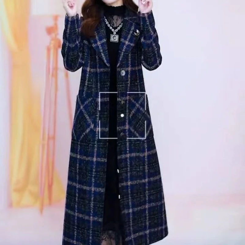 Woman Fashion Plaid Wool Blend Coat Female Autumn Warm Woolen Jacket Ladies Long Wool Blend Streetwear Overcoat Outerwear G342
