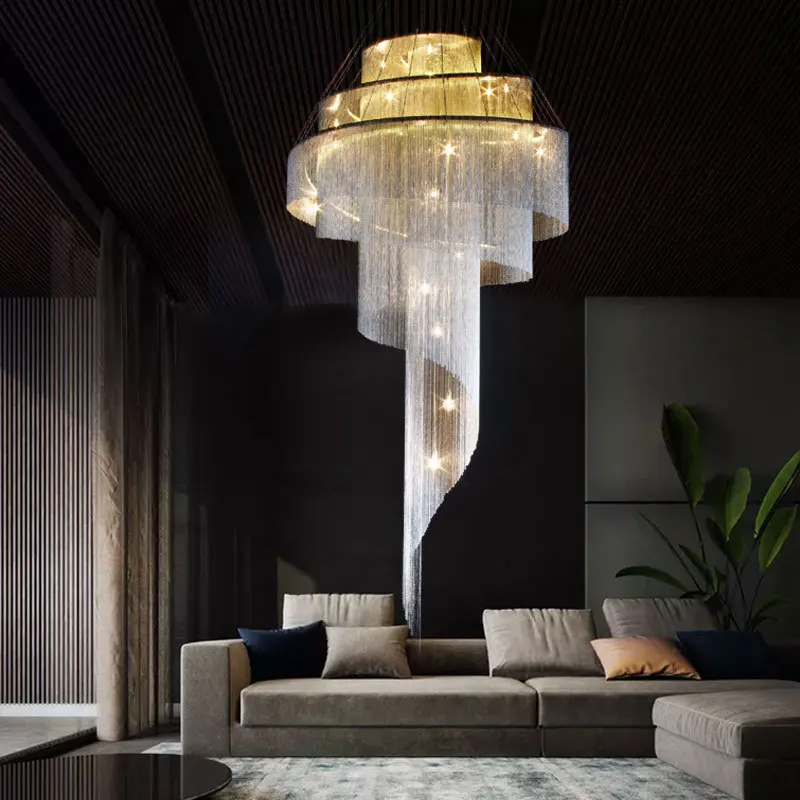 

Chandeliers Light Modern loft large ceiling living room villa hotel golden tassel spiral staircase lamp interior decoration lamp