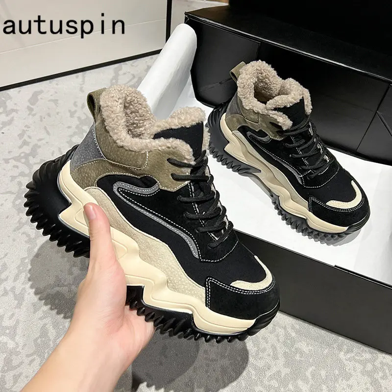 Autuspin Cow Suede High Top Sneakers for Women Winter Retro Leisure Thick Bottom Female Shoes Keep Warm Plush Sport Trainers 5cm