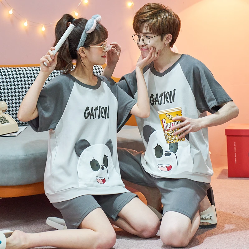 Summer Couple Pajamas Set Cotton Nightwear Sleepwear Women Men Cartoon Panda Pijama Korean Loose Lover Pyjama Night Wears