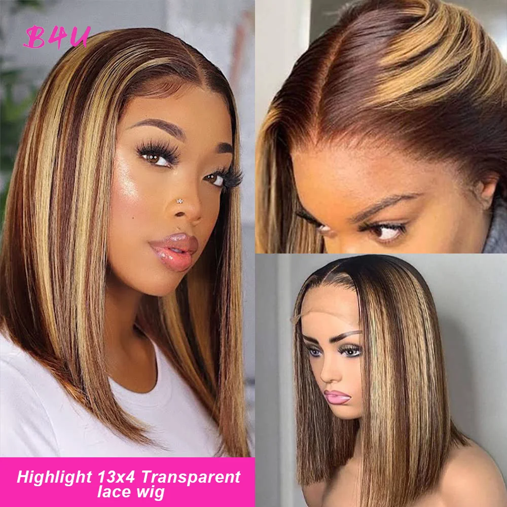 Ed Human Hair Wigs Brazilian Straight Lace Front Wig For Women Honey Blonde P4/27 Bob Lace Closure Wig