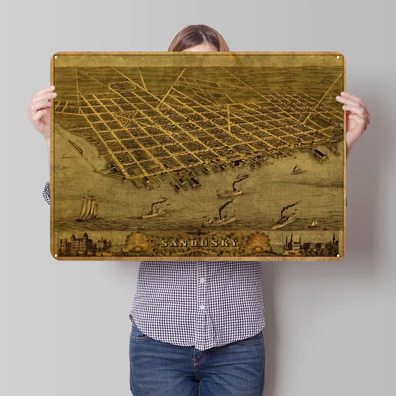Sandusky карта Огайо 1870 металлический постер декор для ванной комнаты ретро знак
