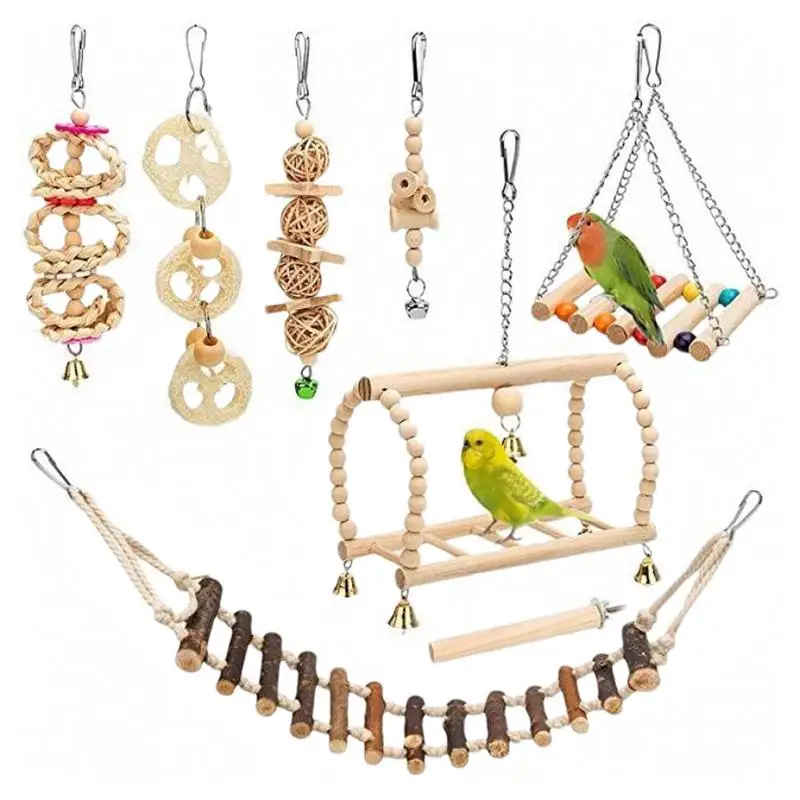 

Wooden Bird Toy Set 8-piece Bird Cage Toys Swing Wood Toys Climbing Bird Cage Toys Suspending Chewing Toy For Conure Macaws