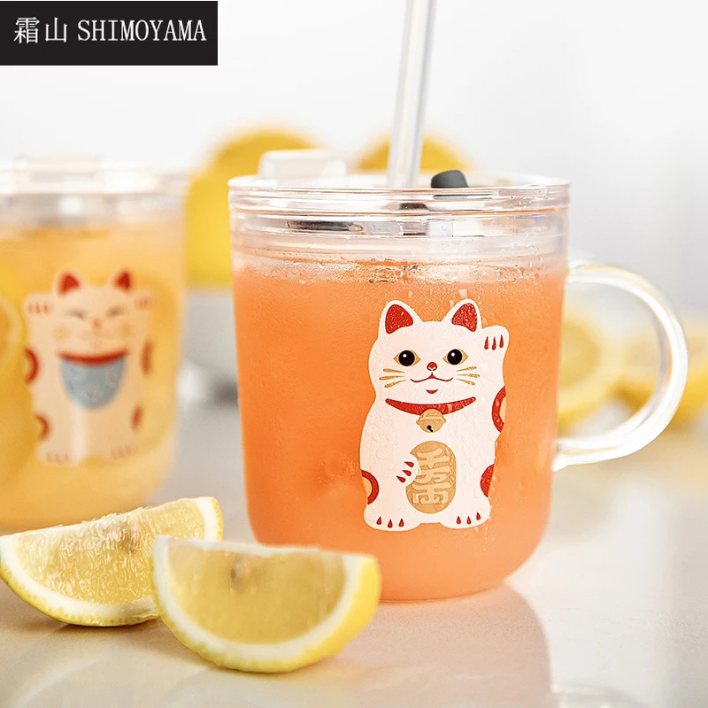 

SHIMOYAMA 300ml Glass Mug Heat Resistant Straw Cup with Lid Transparent Animal Lovely Coffee Cup Reusable Tea Milk Drinkware