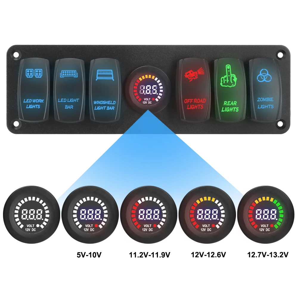 

Outlet Combination for RV Car Marine Waterproof On-Off 6 Gang Rocker Switch Panel Circuit Breaker 12-24V LED Voltage Display