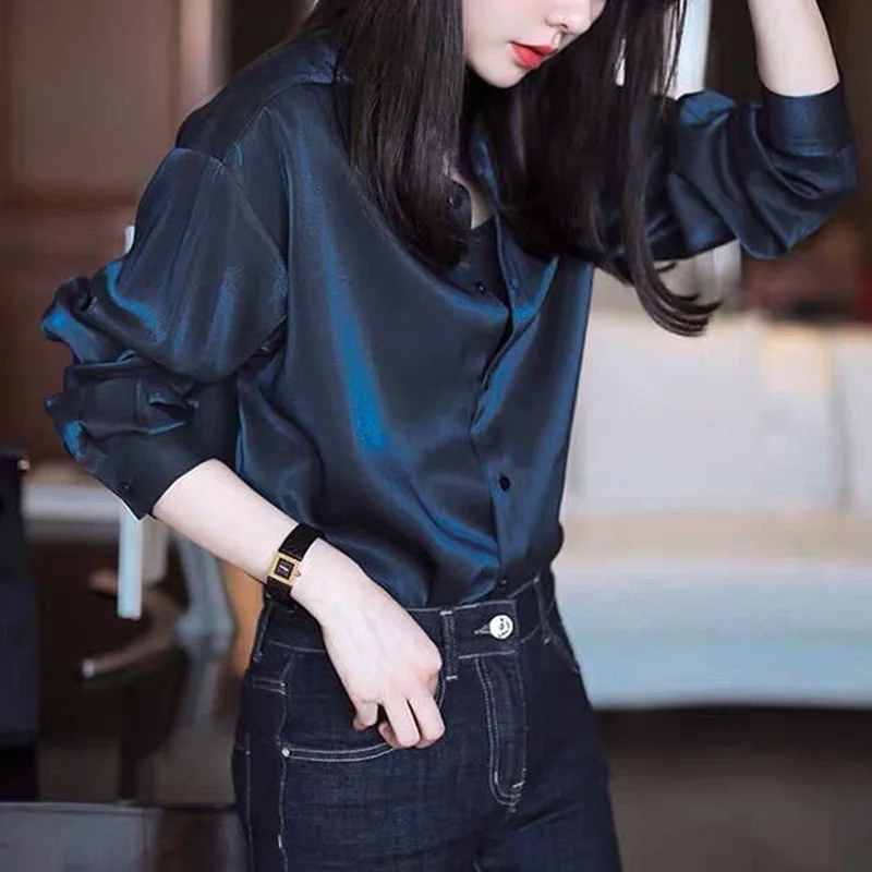 Comfortable Turn-down Collar All Seasons Women's Clothing 2023 Chiffon Trend All-match Korean Solid Color Long Sleeved Blouses