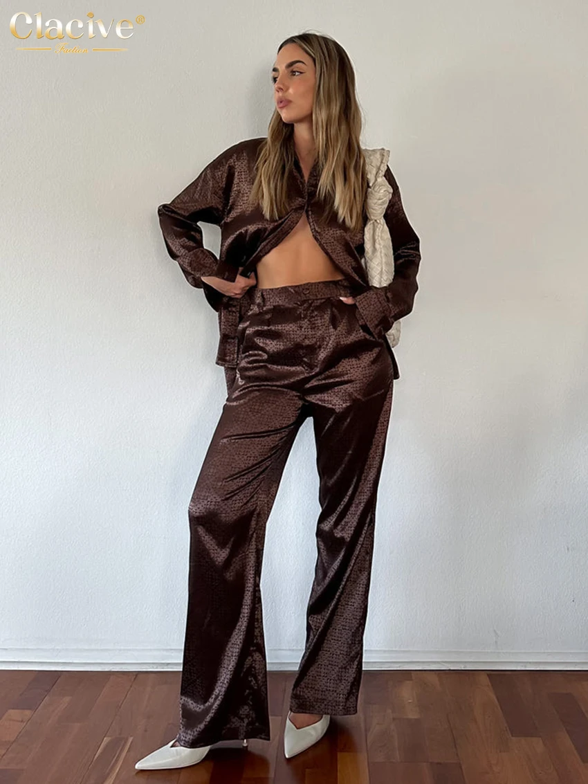 

Модная Свободная Женская одежда Clacive из двух предметов с принтом 2022 винтажная блузка с длинным рукавом и прямые брюки с высокой талией для ж...
