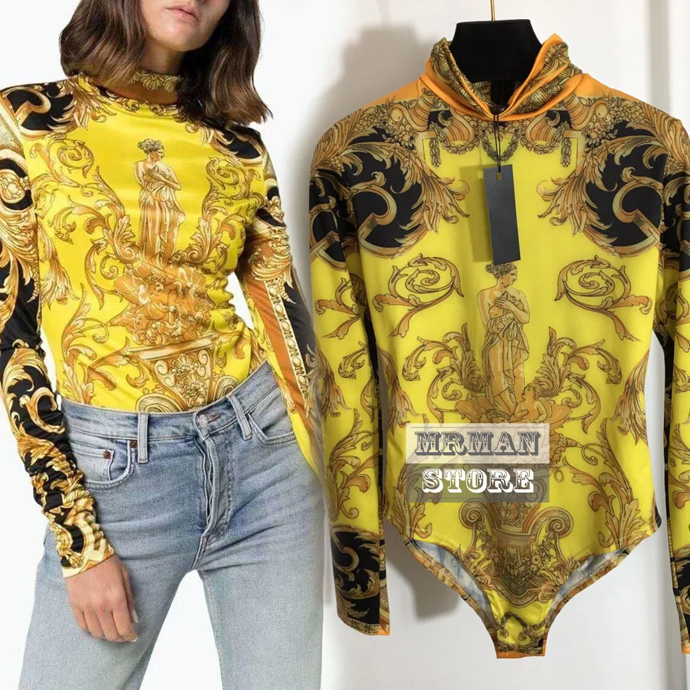 

2022 spring fashion long sleeve vintage printing ethnic style zipper tops high end luxury designer for women branded bodysuits