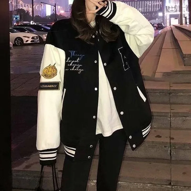 

Bomber women's jacket with pocket and crew neck, casual Baseball Jacket, bear embroidery, loose cut, Korean style