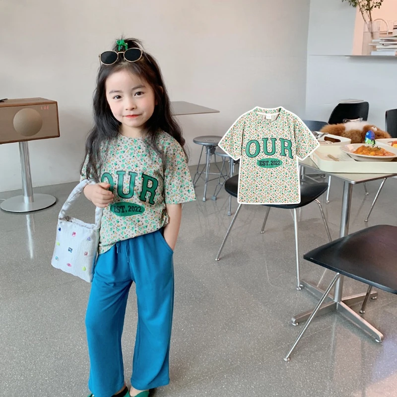 

Girls Clothes Korean T-shirt 2022 Summer New Children Small Flower T-shirt Little Baby Round Neck Short-sleeved Printed Top