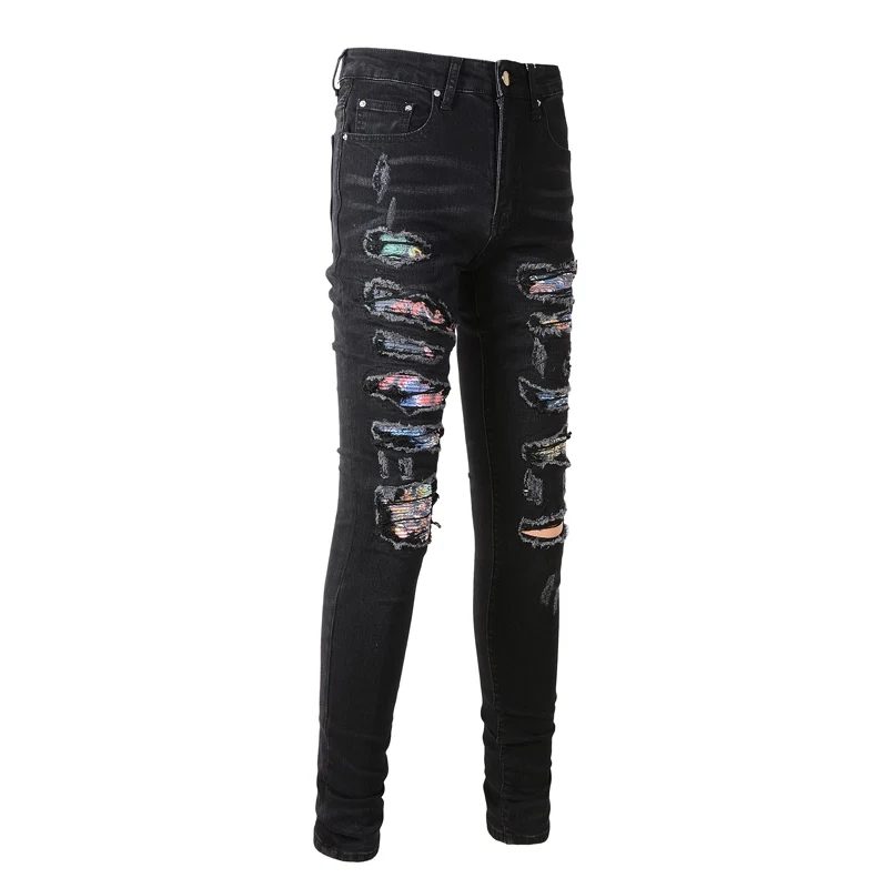 Fashion Designer Men Jeans Black Stretch Destroyed Patched Slim Ripped Jeans Men Punk Hole Trousers Hip Hop Brand Pants Hombre